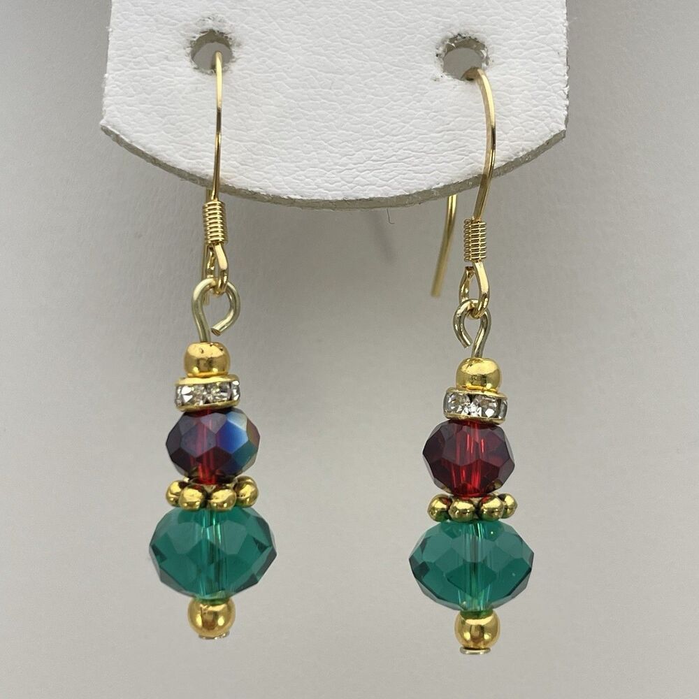 18K Gold Plated Teal Green Red AB Glass Beaded Dangle Earrings Dainty Unique